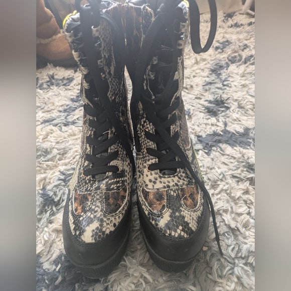 Bamboo Leopard Snake Print Chunky Combat Boots with Neon Accents - Picture 4 of 6